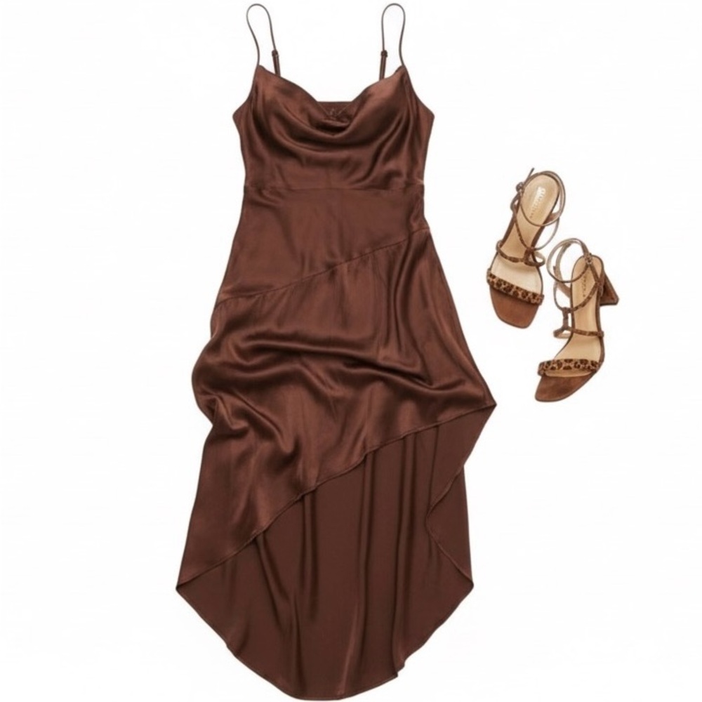 Topshop Satin Asymmetric Cowl Neck Slip Dress Brown SZ 10 NWOT‎ 90s Minimal